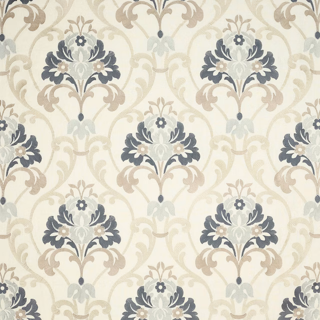 Pale damask fabric with soft blue floral motifs and taupe scrollwork on cream ground