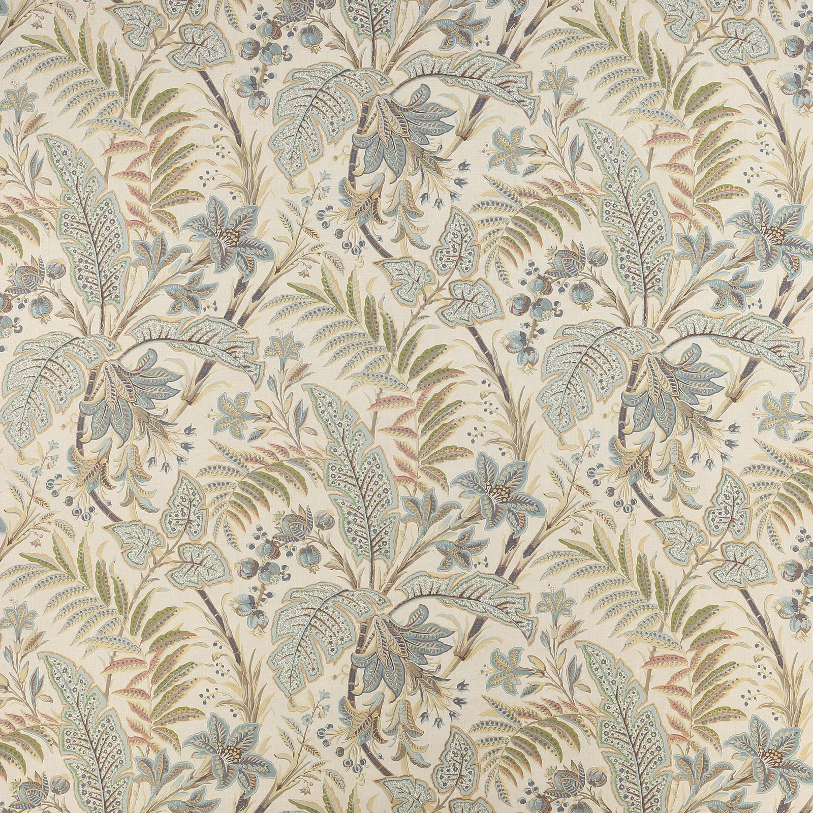 Leafy paisley fabric in soft old blue, sage and beige on a pale ground