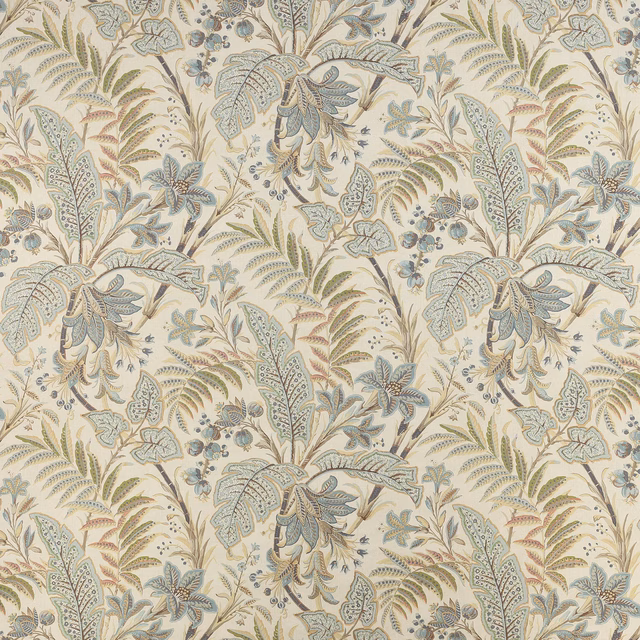 Leafy paisley fabric in soft old blue, sage and beige on a pale ground