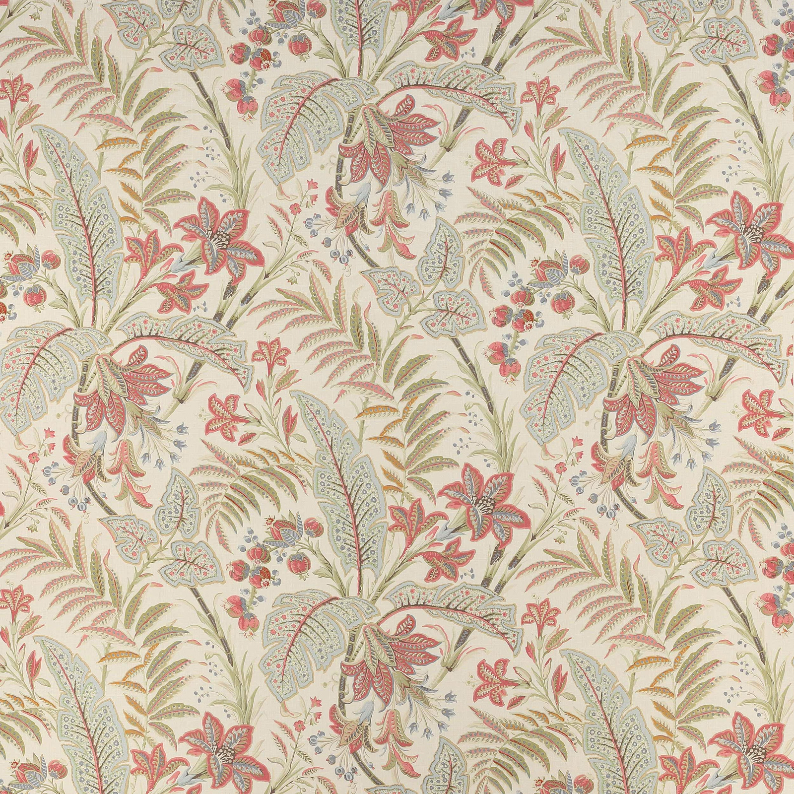 Cream botanical linen swatch with tomato red and aqua paisley leaves