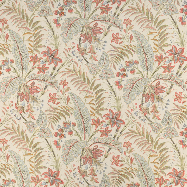 Cream botanical linen swatch with tomato red and aqua paisley leaves