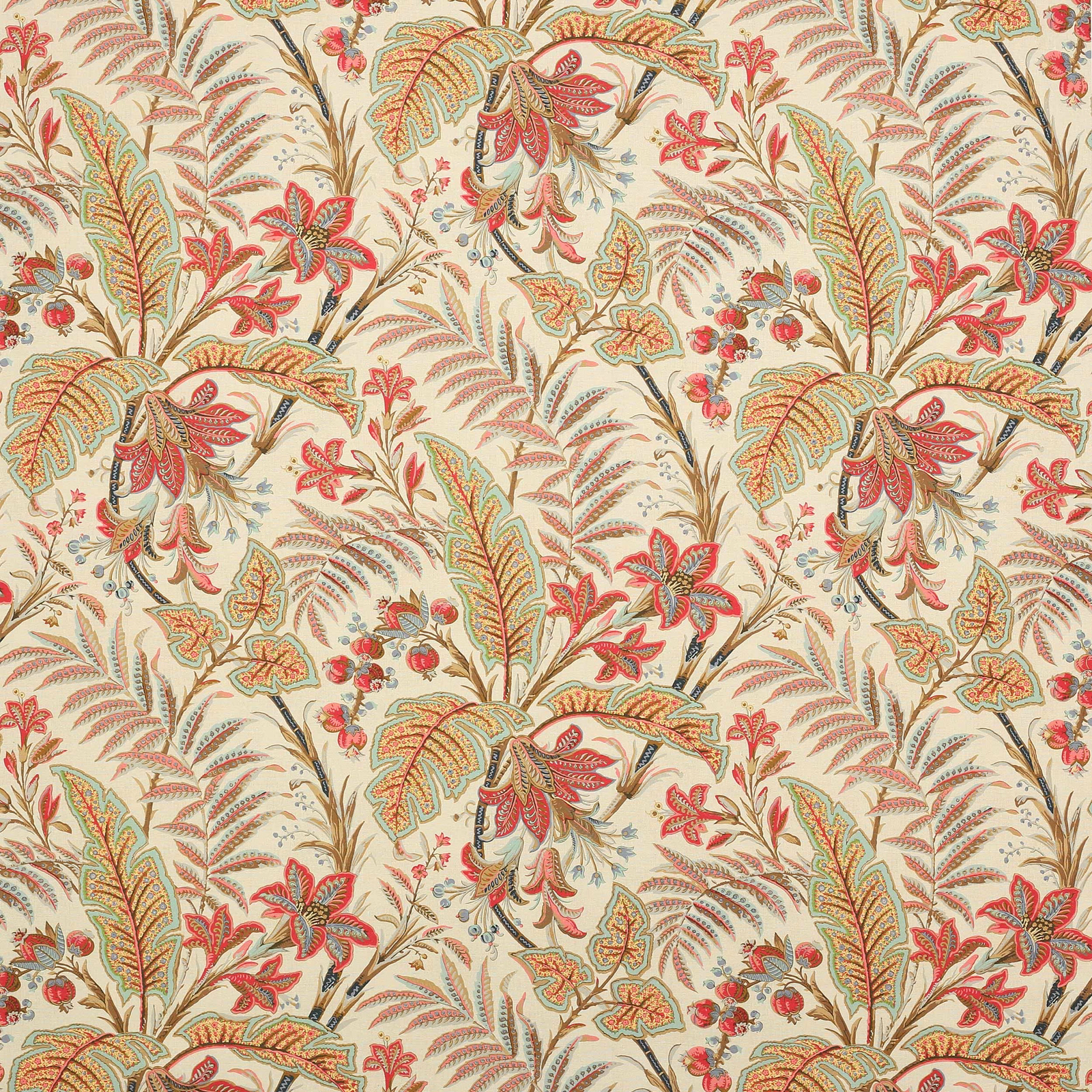 Pale ground linen with large botanical leaves in tomato red, sienna and sage