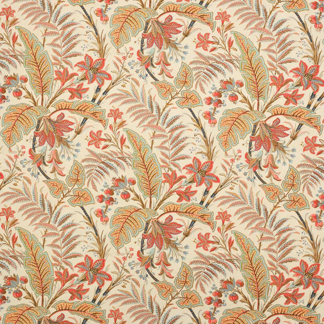Pale ground linen with large botanical leaves in tomato red, sienna and sage