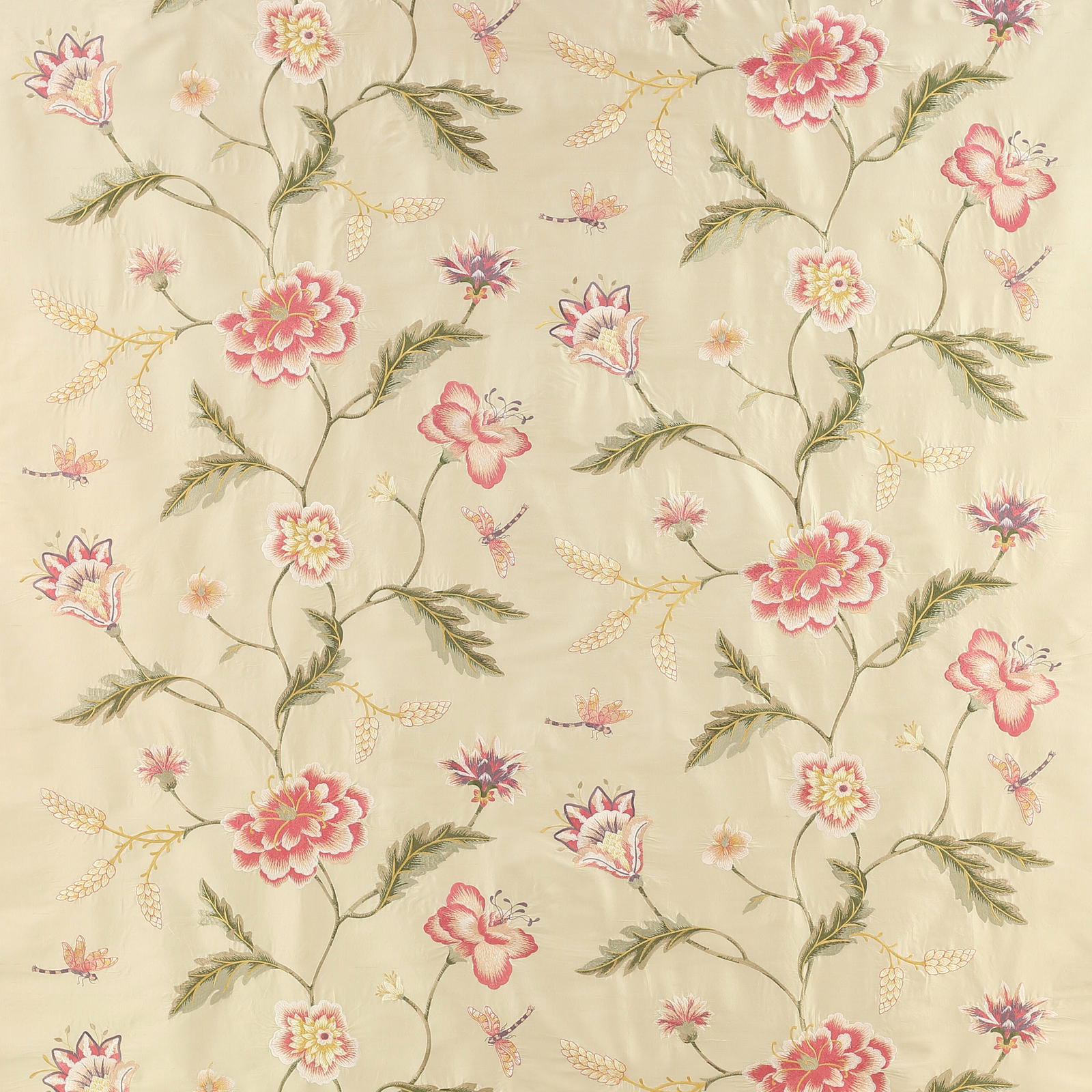 Cream silk-blend fabric with pink flowers and olive-green trailing stems