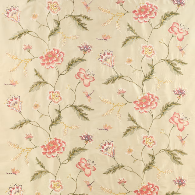 Cream silk-blend fabric with pink flowers and olive-green trailing stems