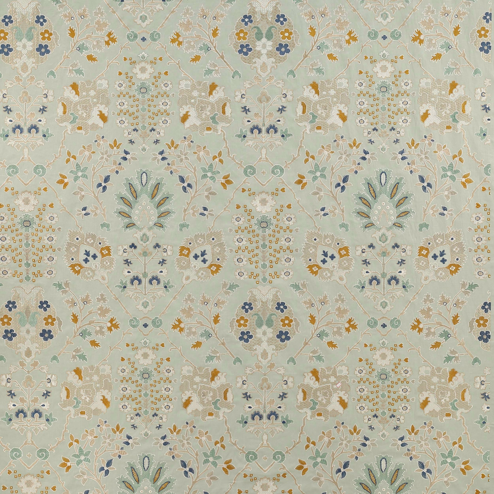 Pale aqua damask fabric with ivory outlines, mustard accents and soft blue motifs
