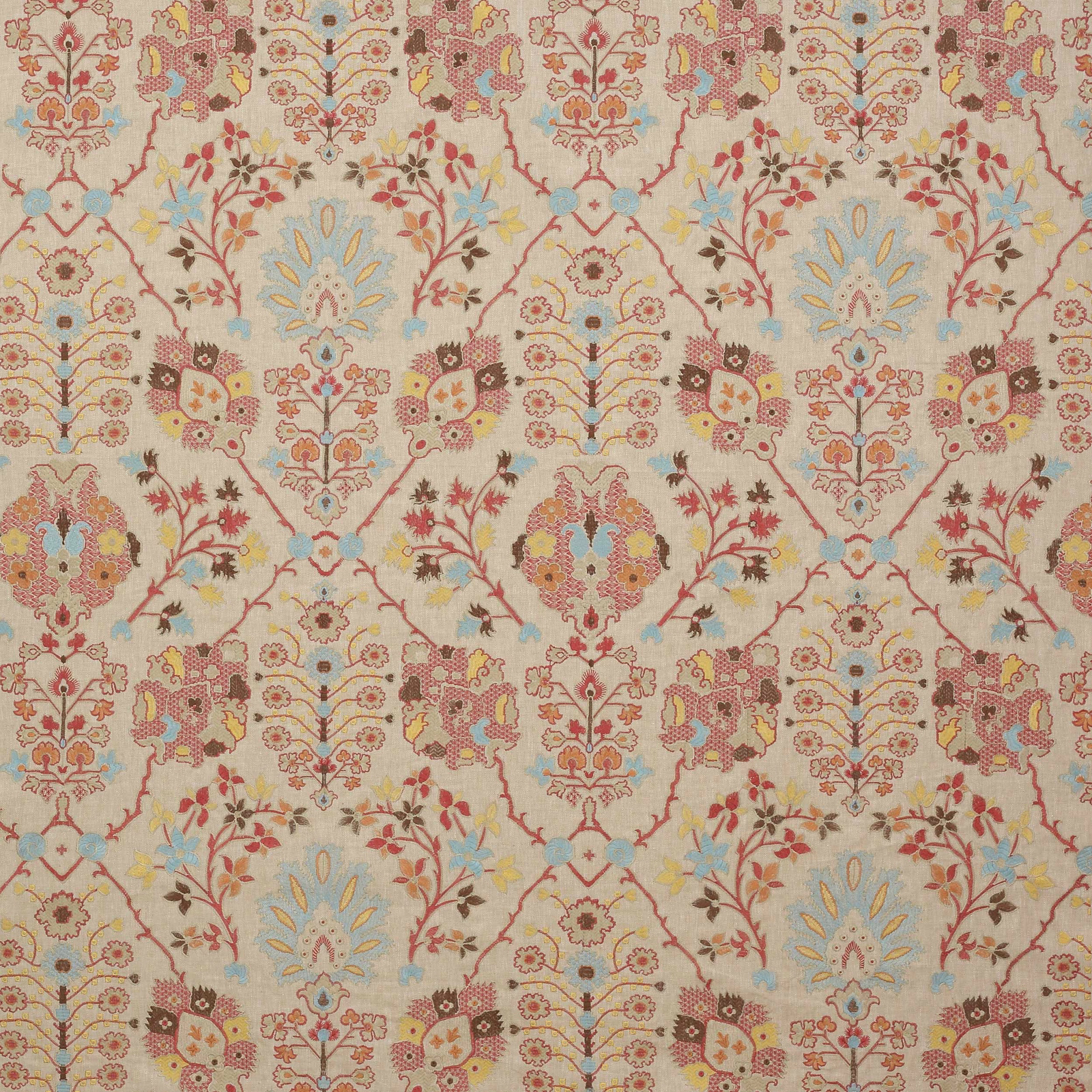 Coral pink damask fabric with pale blue and gold floral motifs