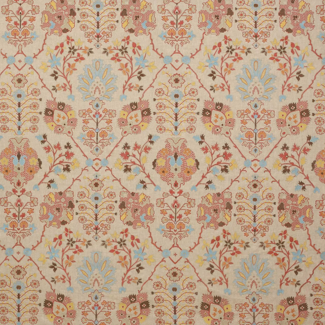 Coral pink damask fabric with pale blue and gold floral motifs