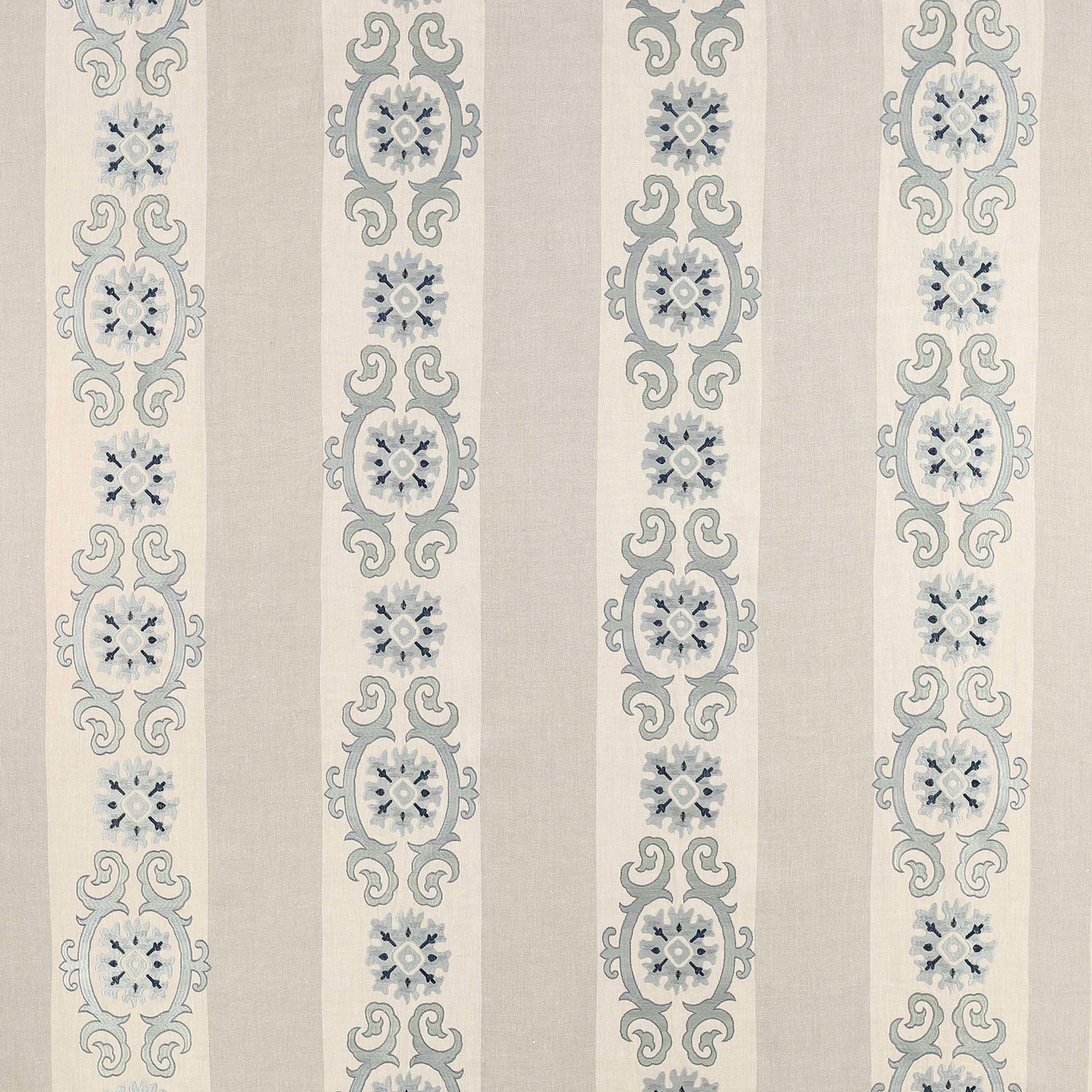 Vertical striped fabric with pale blue scrolling medallions on a light ground