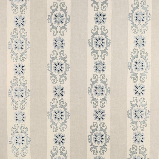 Vertical striped fabric with pale blue scrolling medallions on a light ground