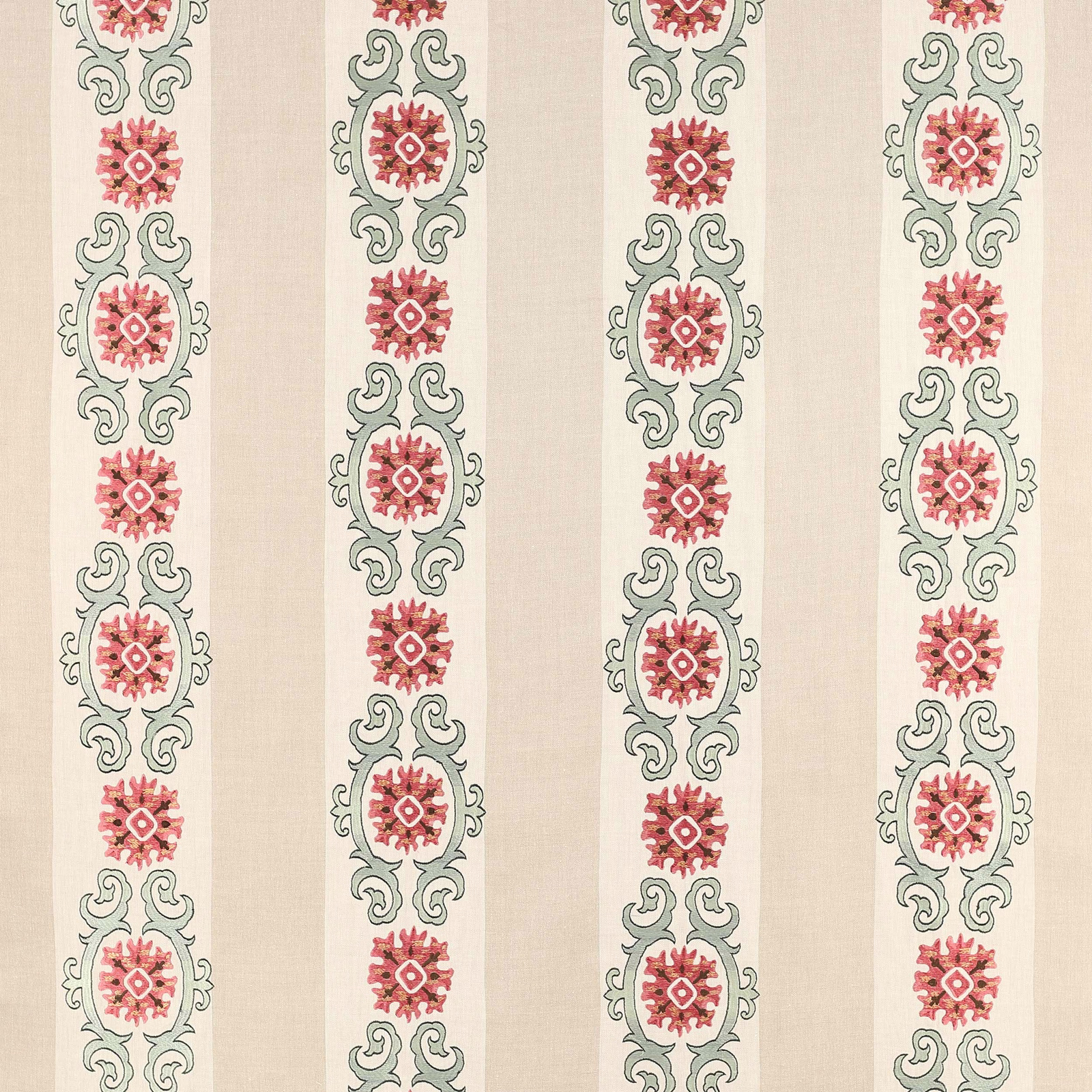 Cream striped fabric with red medallions and forest green scroll motifs