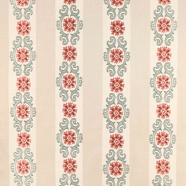 Cream striped fabric with red medallions and forest green scroll motifs