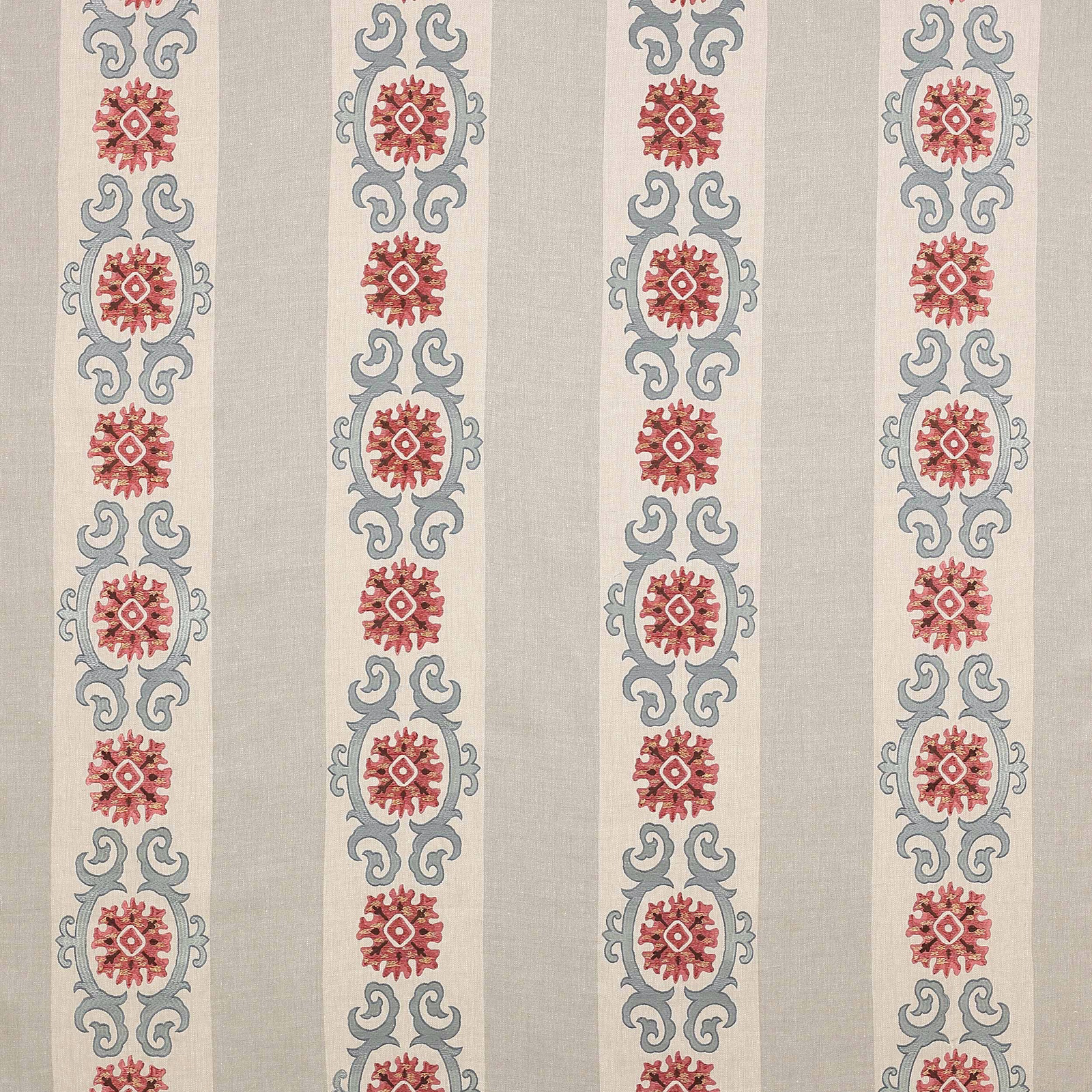 Vertical striped Theodore fabric with tomato red medallions and blue-grey scrolls on a pale ground