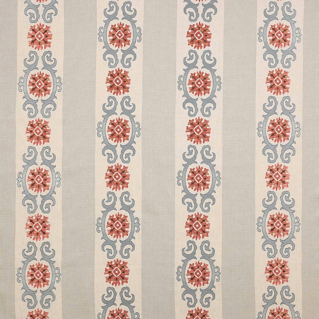 Vertical striped Theodore fabric with tomato red medallions and blue-grey scrolls on a pale ground