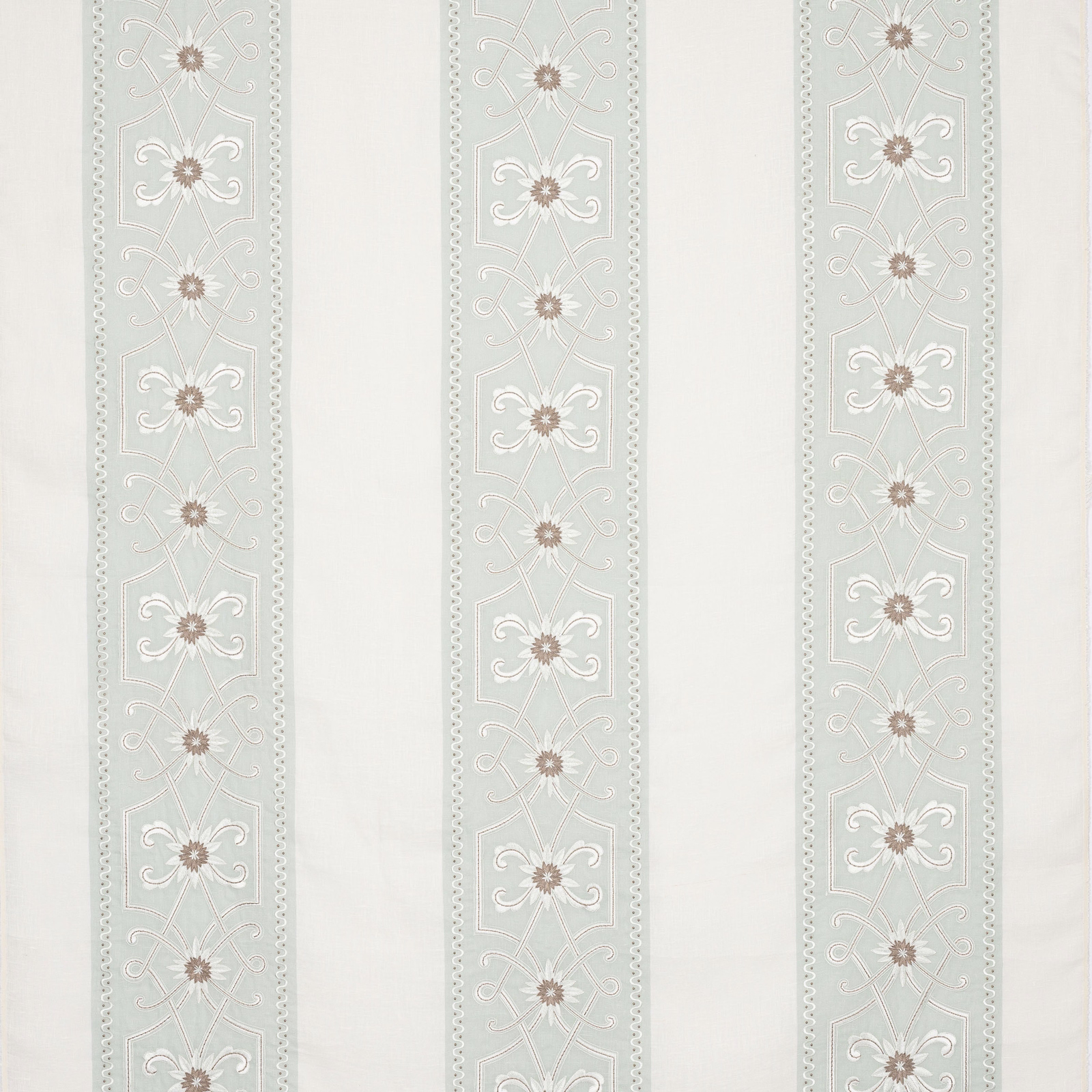 Pale celadon striped fabric with ivory ground and embroidered floral motifs