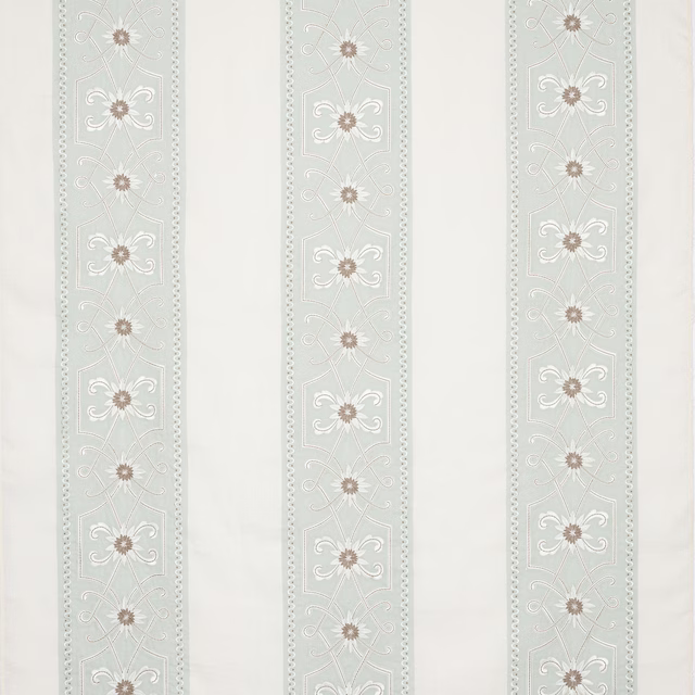 Pale celadon striped fabric with ivory ground and embroidered floral motifs