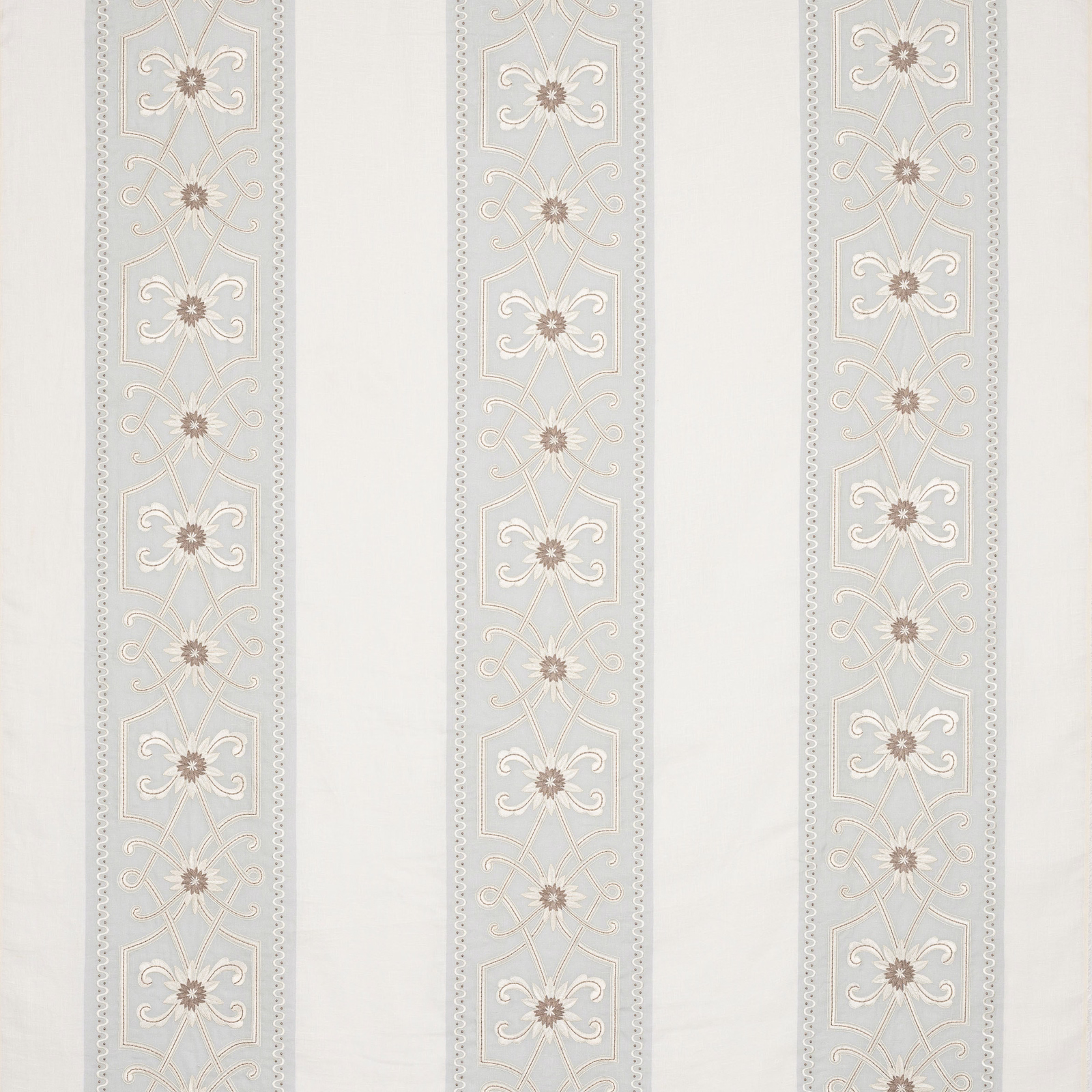 Pale old blue striped fabric with embroidered floral bands and light ground