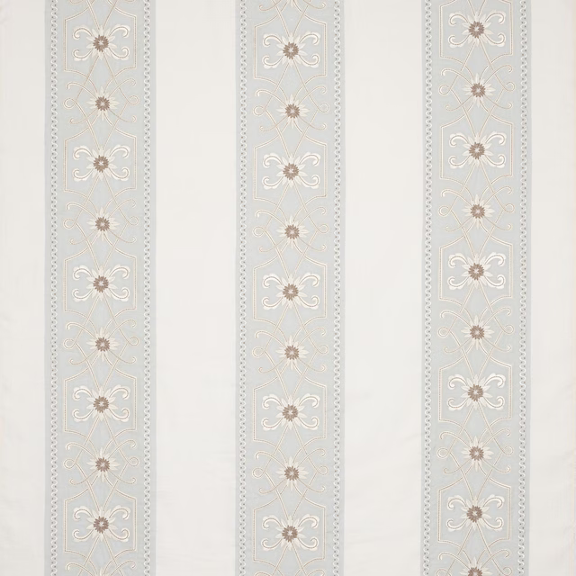 Pale old blue striped fabric with embroidered floral bands and light ground
