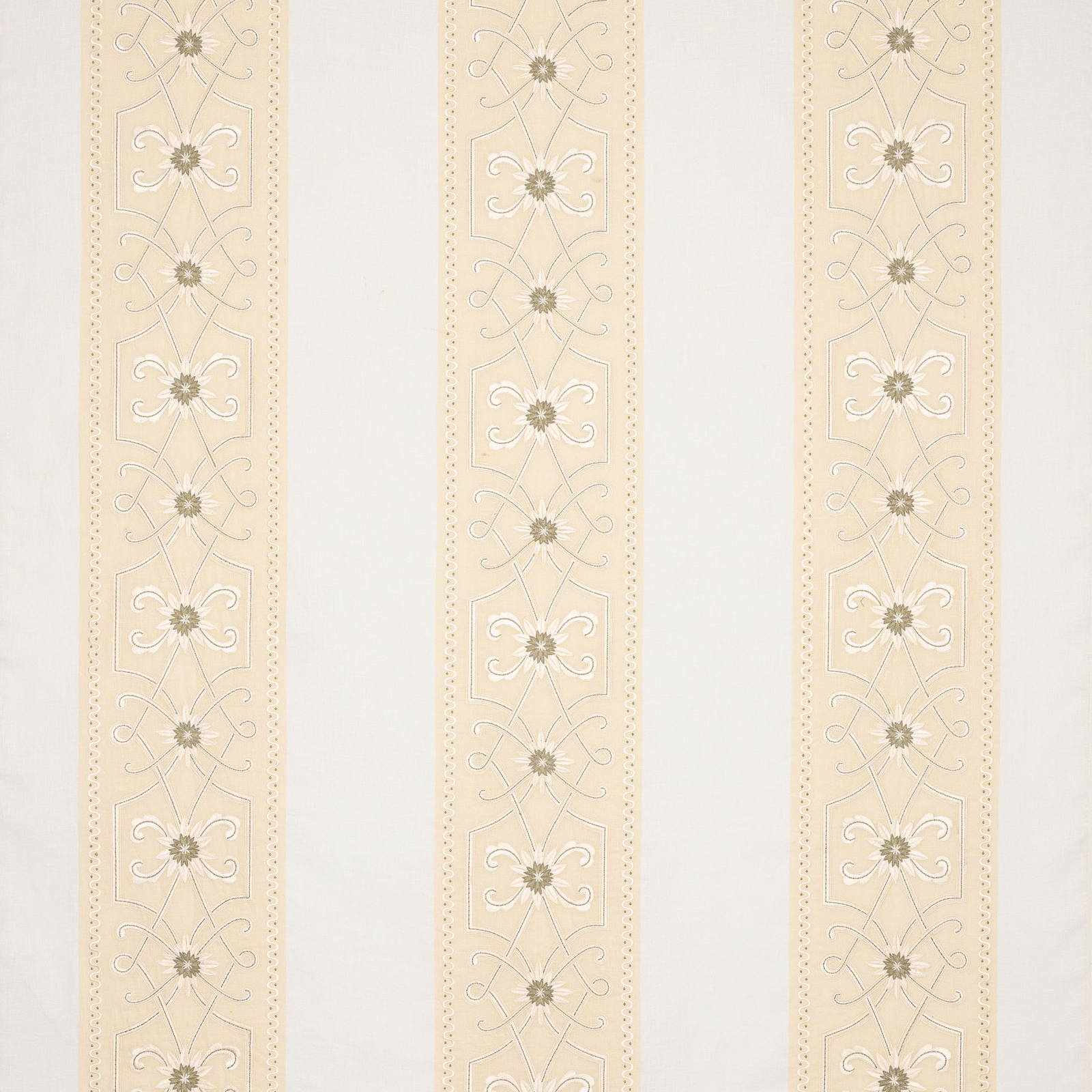 Pale yellow vertical stripe fabric with delicate scroll and floral motifs