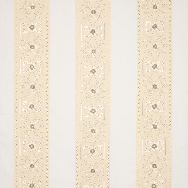 Pale yellow vertical stripe fabric with delicate scroll and floral motifs