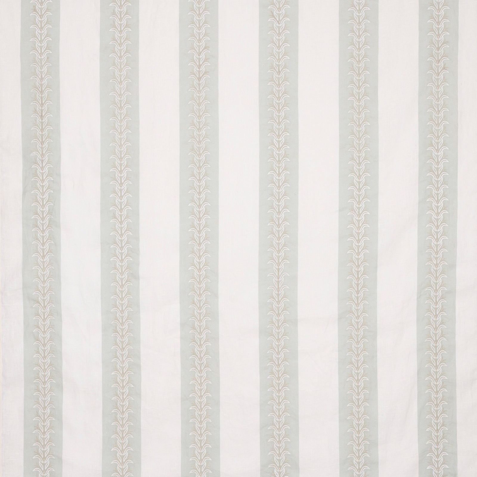 Pale aqua and ivory striped fabric with a narrow trailing motif