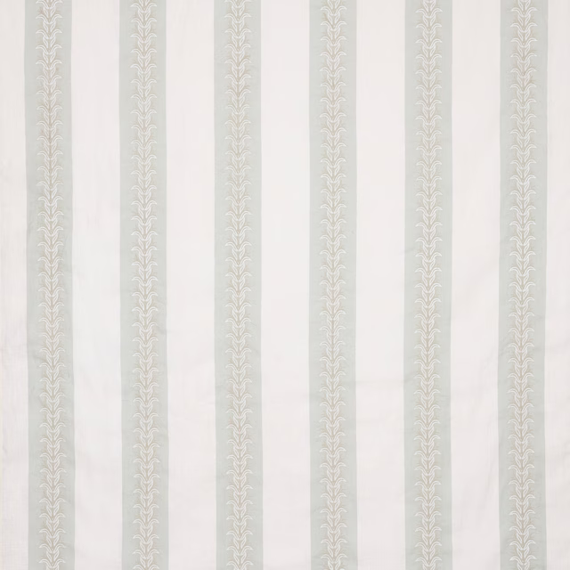 Pale aqua and ivory striped fabric with a narrow trailing motif