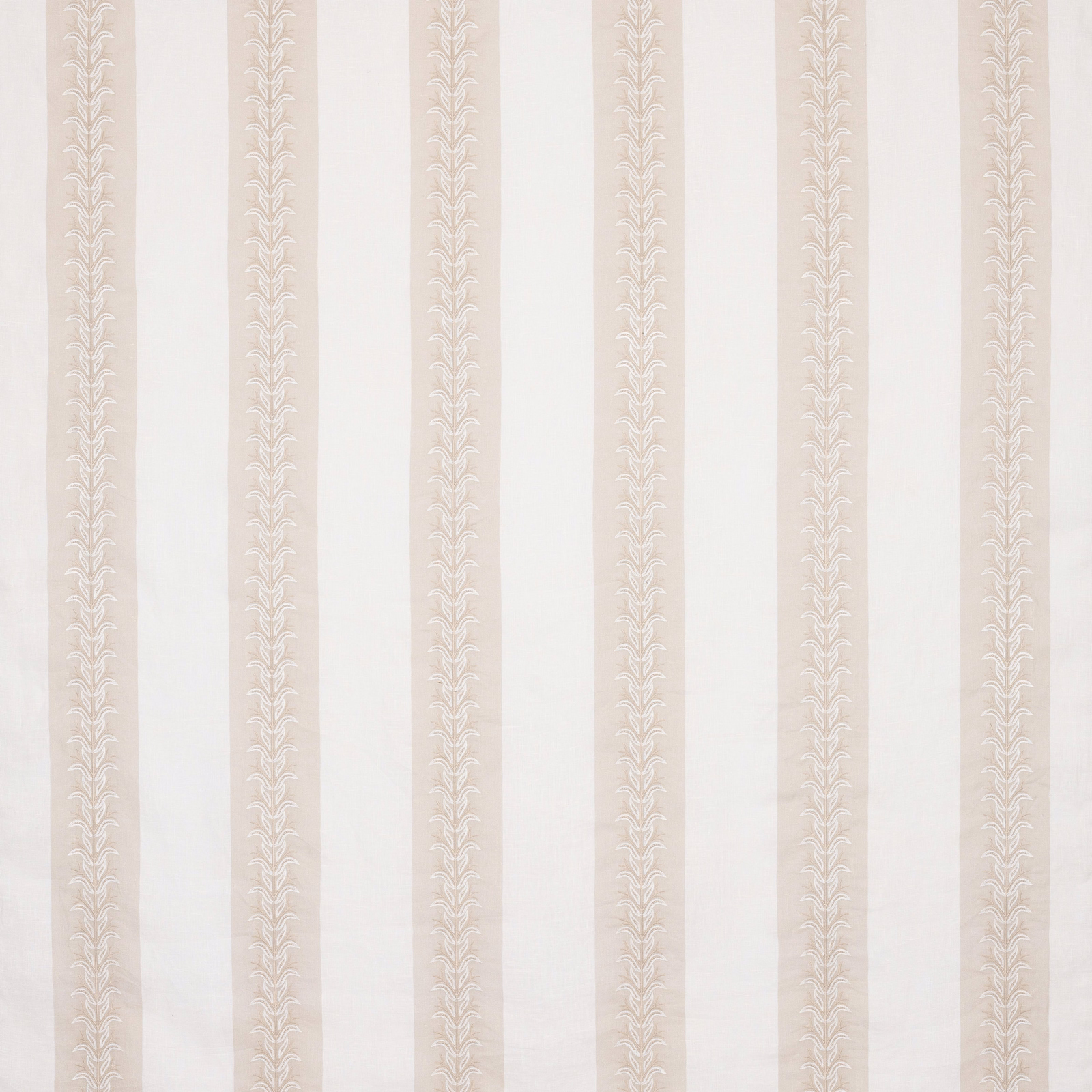 Pale beige vertical striped fabric swatch with woven leaf motif