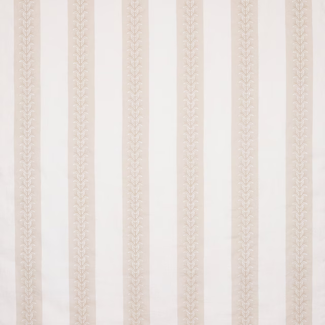 Pale beige vertical striped fabric swatch with woven leaf motif