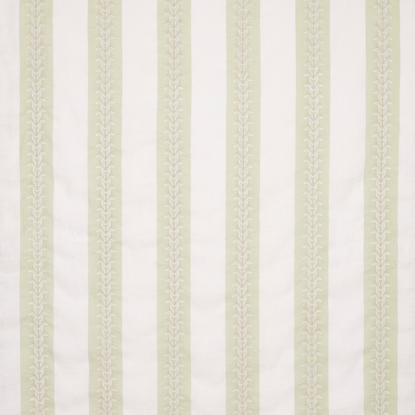 Pale leaf-green striped fabric with narrow vine motif on an ivory ground