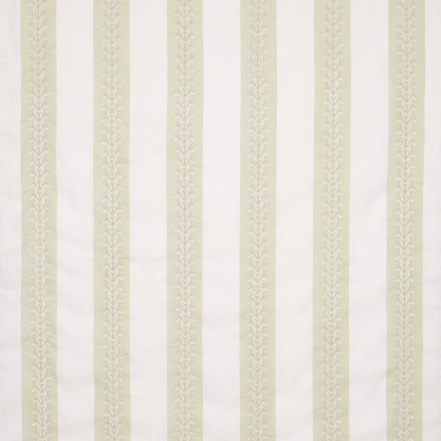 Pale leaf-green striped fabric with narrow vine motif on an ivory ground