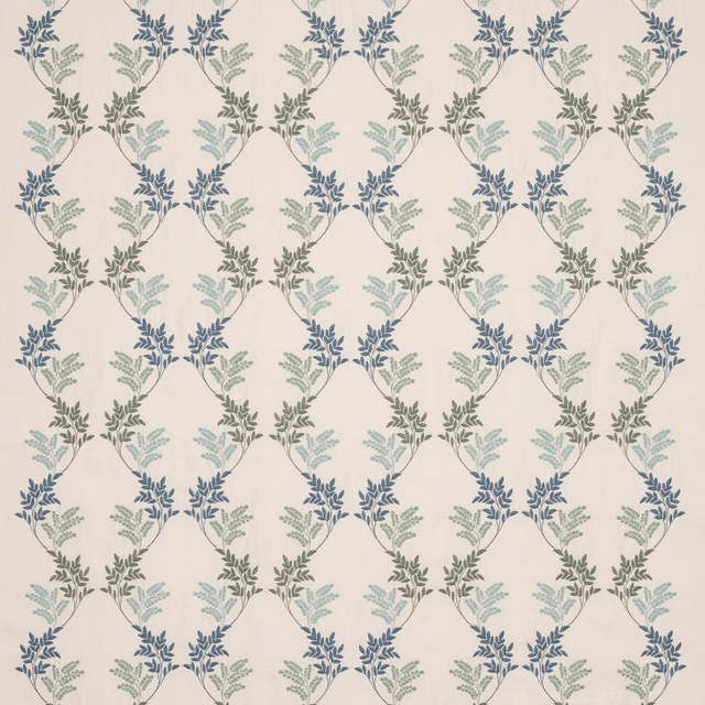 Blue and sage leaf lattice pattern on a pale ivory woven fabric