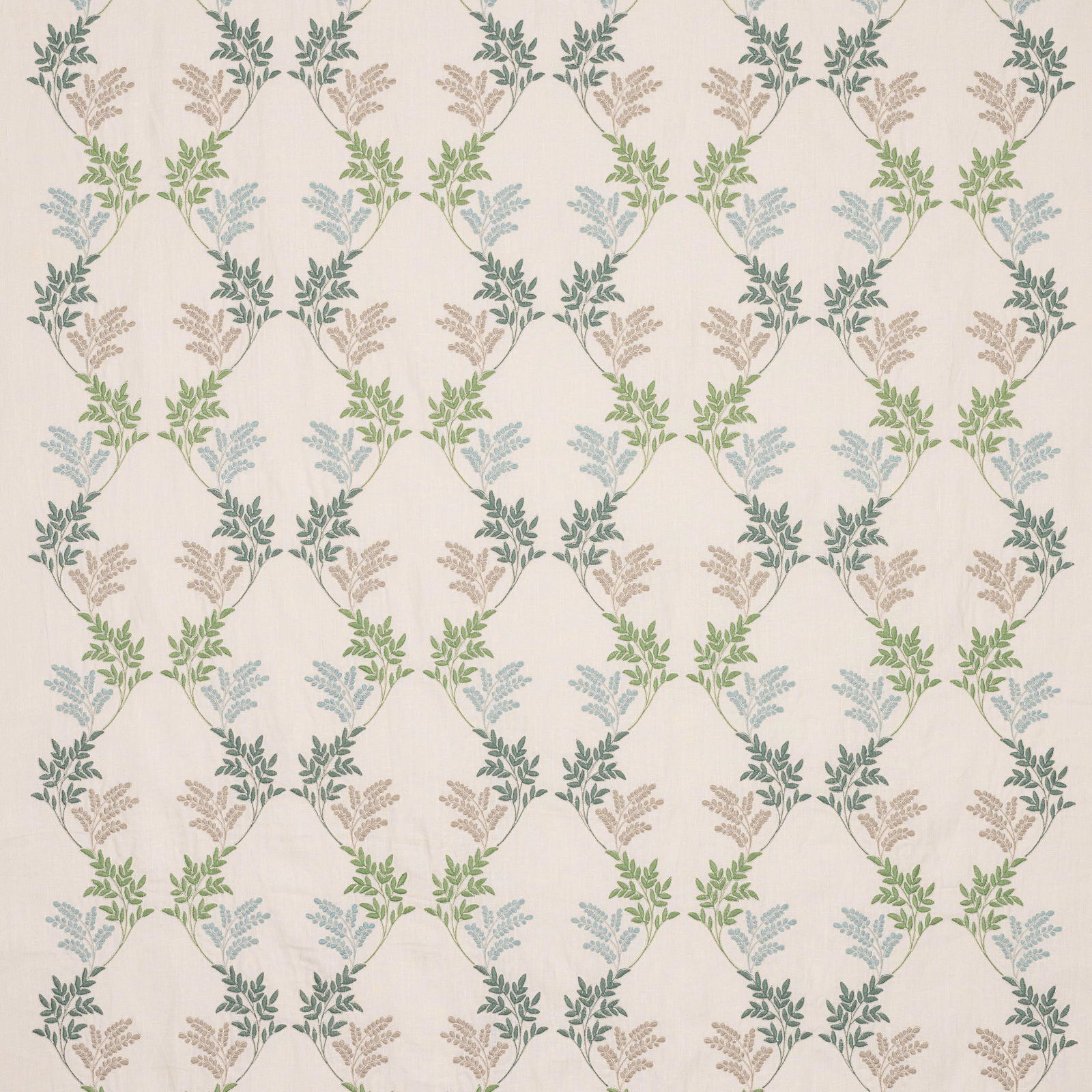 Ivory fabric with repeating leaf-green botanical trellis and pale blue accents