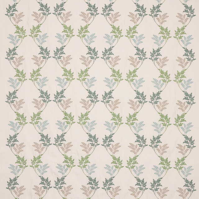 Ivory fabric with repeating leaf-green botanical trellis and pale blue accents