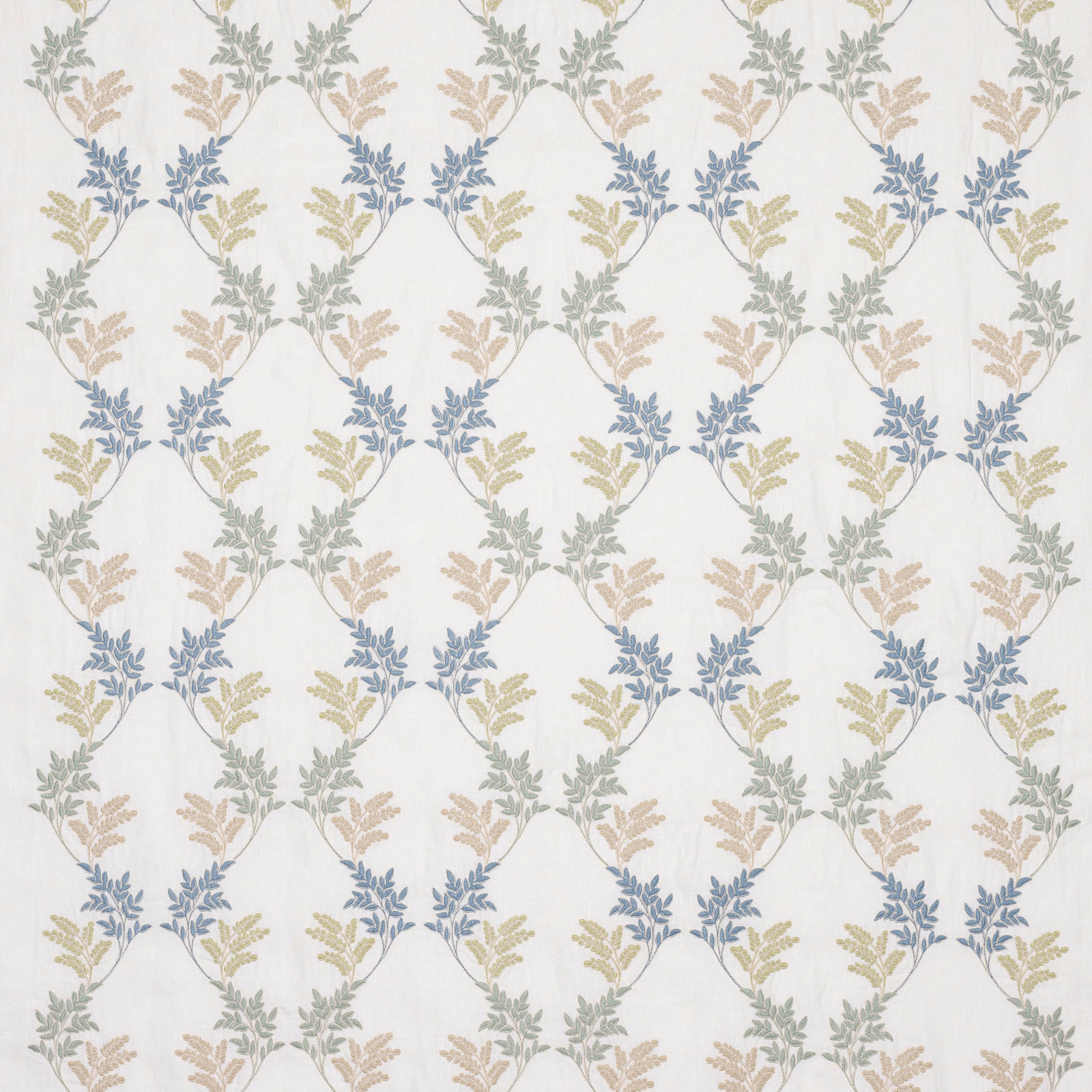 Soft blue and sage leaf lattice pattern on a pale ground