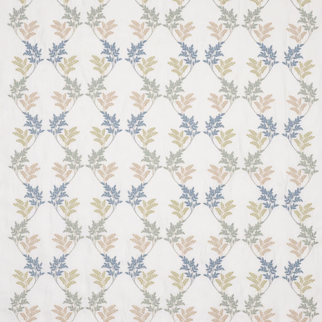 Soft blue and sage leaf lattice pattern on a pale ground