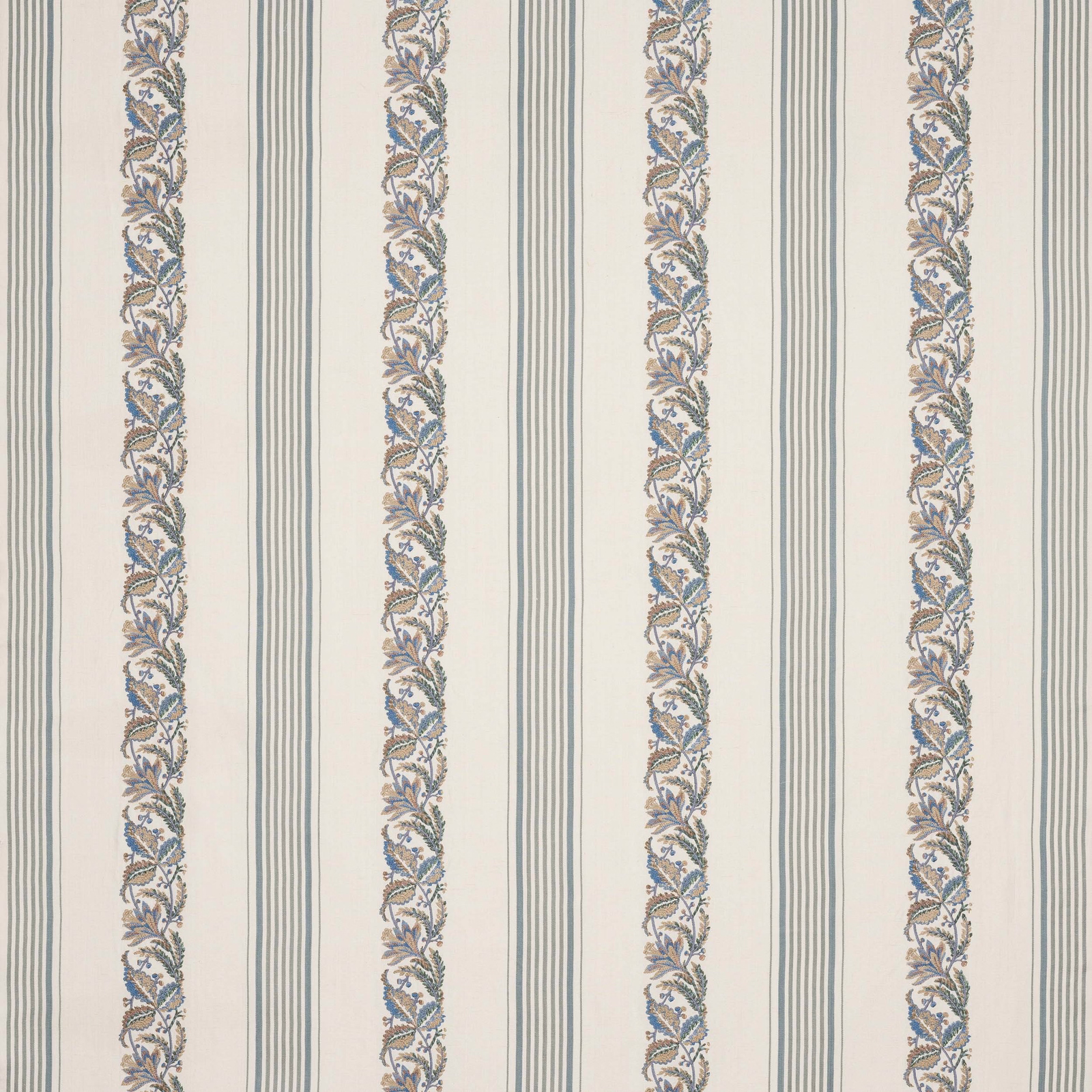 Vertical powder-blue striped fabric with narrow floral vine bands on ivory