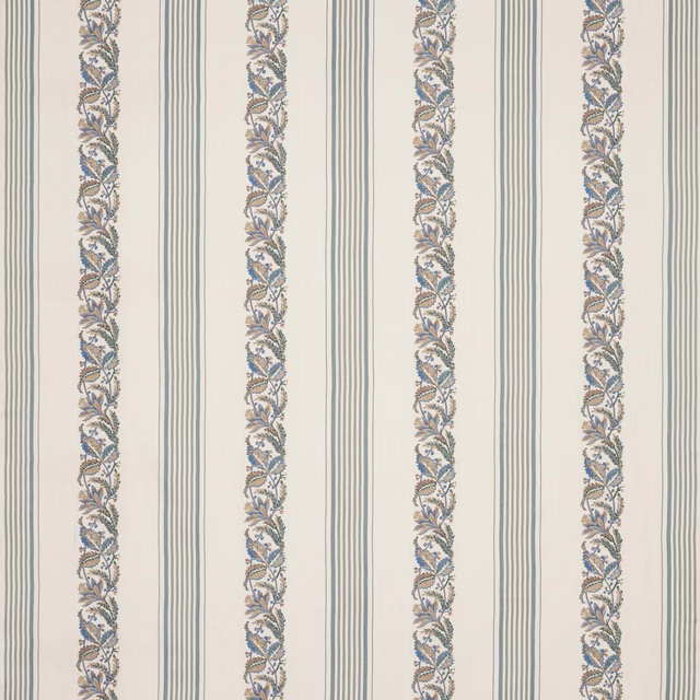 Vertical powder-blue striped fabric with narrow floral vine bands on ivory