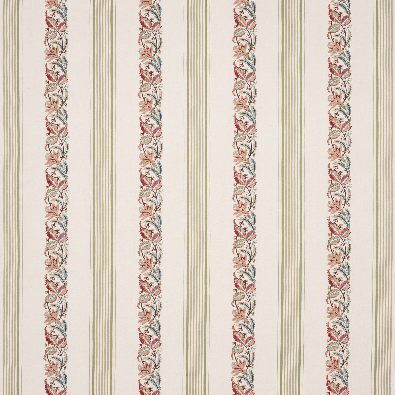 Cream fabric swatch with narrow red and green vine stripes and olive pinstripes