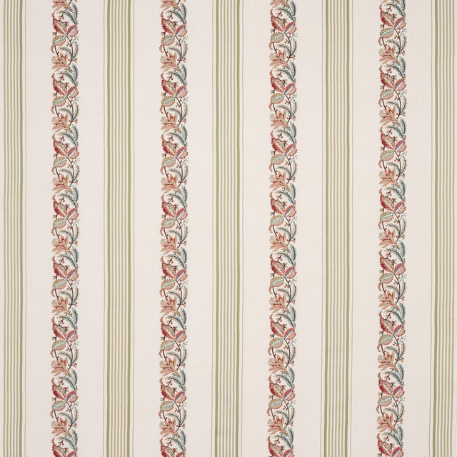 Cream fabric swatch with narrow red and green vine stripes and olive pinstripes