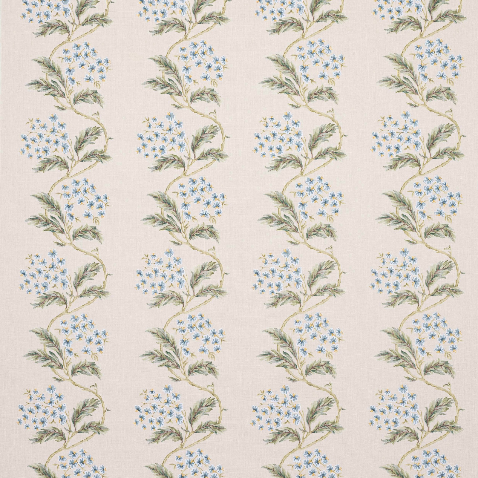 Cream linen floral fabric with vertical blue and green trailing sprigs