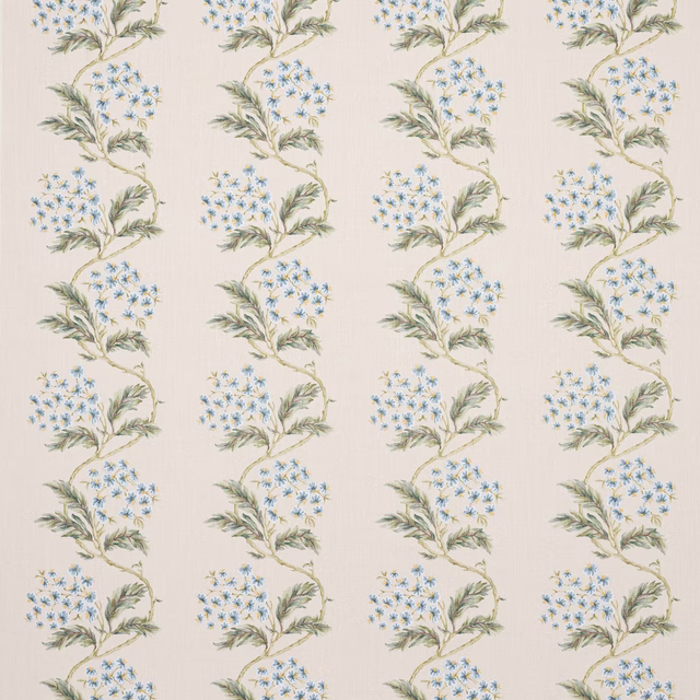 Cream linen floral fabric with vertical blue and green trailing sprigs