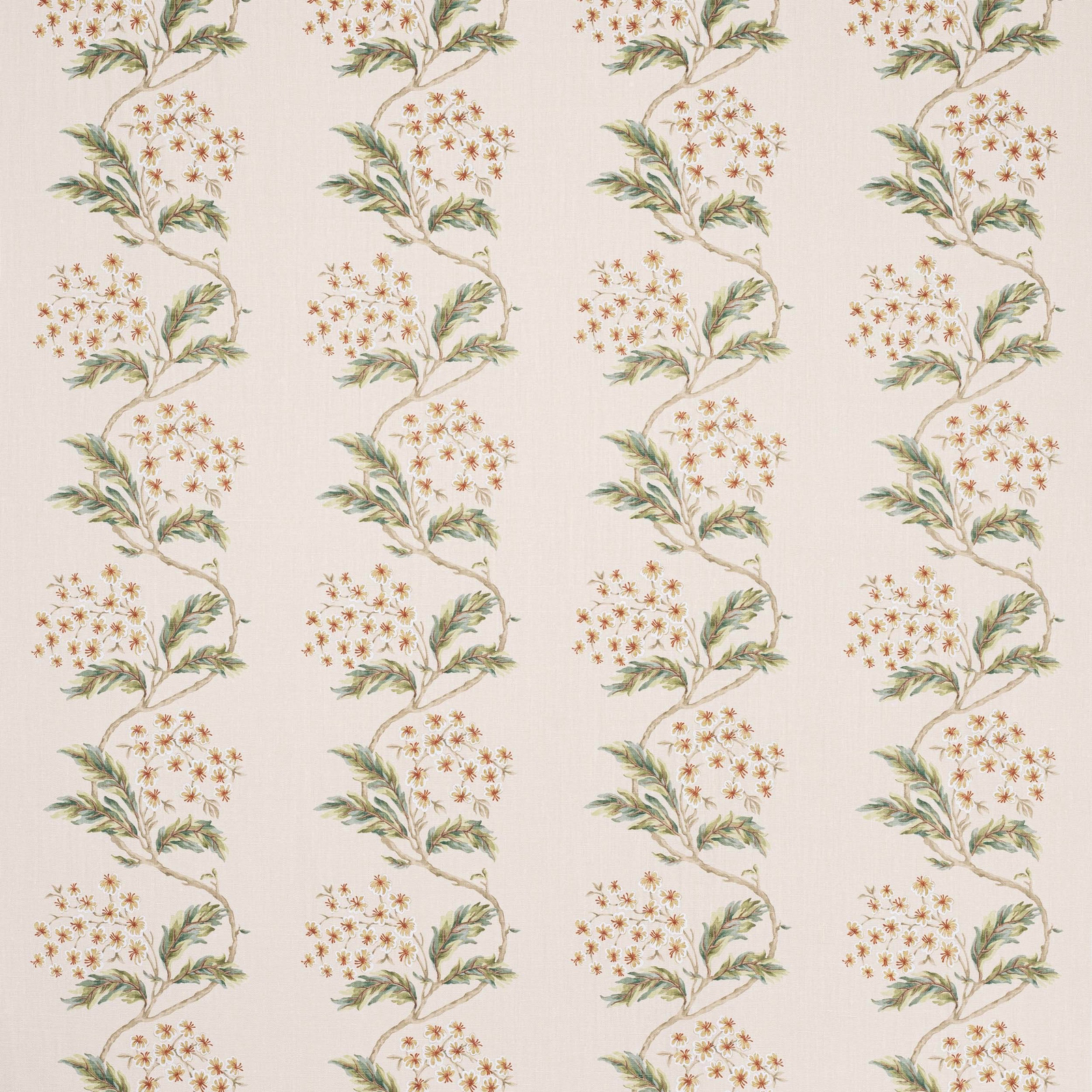 Cream linen fabric with small gold flowers and green leafy trailing branches