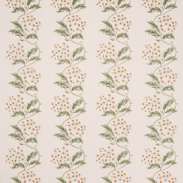 Cream linen fabric with small gold flowers and green leafy trailing branches