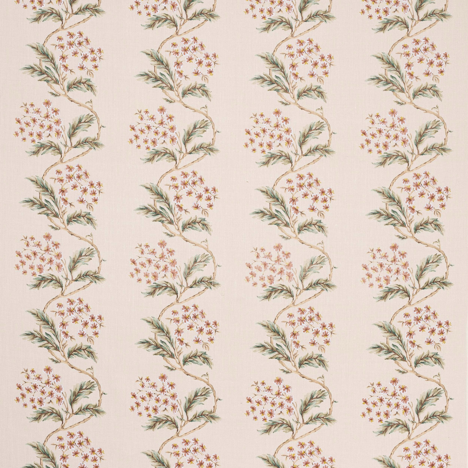 Cream linen fabric with trailing embroidered leafy stems and small red flowers