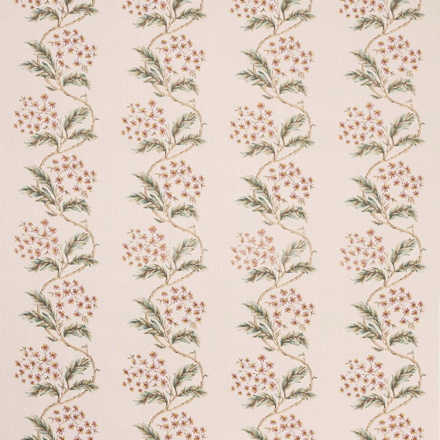 Cream linen fabric with trailing embroidered leafy stems and small red flowers