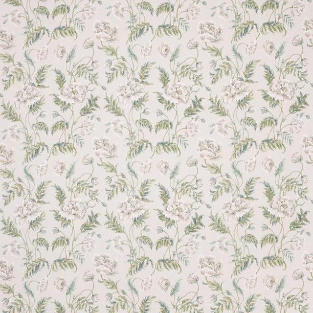 Ivory floral linen swatch with soft green trailing leaves and pale blossoms