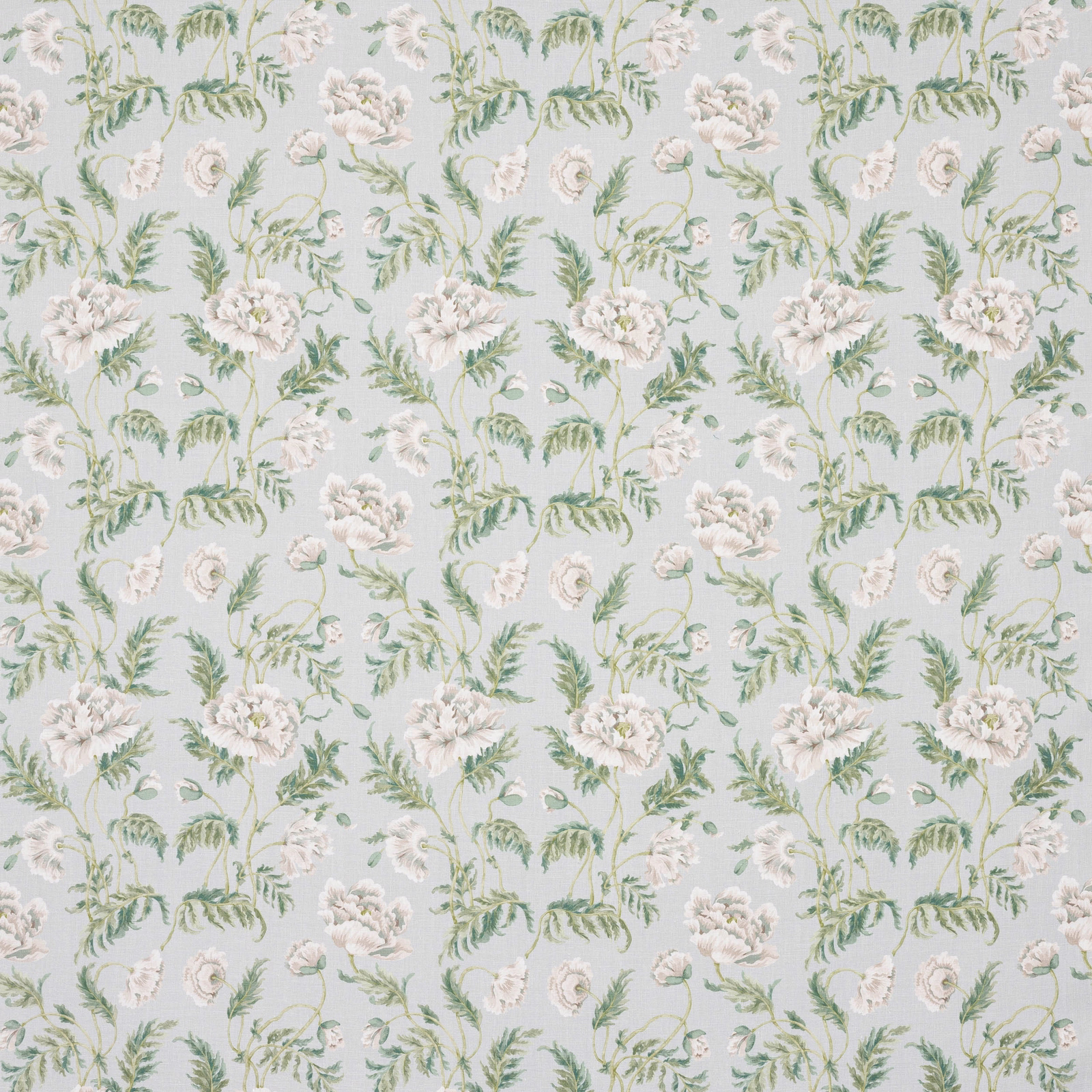 Soft blue floral linen with white blooms and muted green foliage