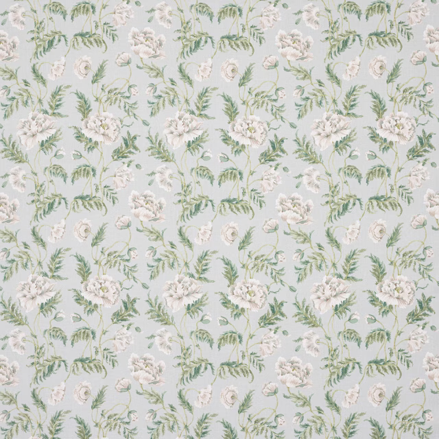 Soft blue floral linen with white blooms and muted green foliage