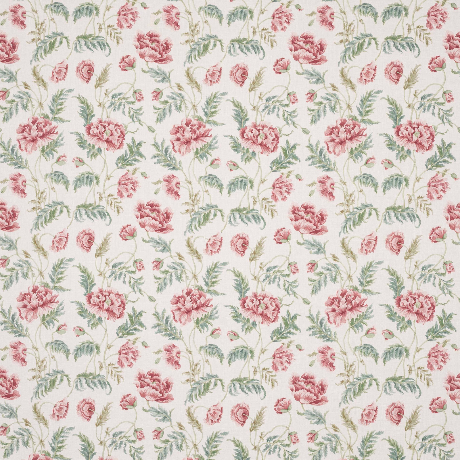 Pink and green floral linen fabric with trailing blossoms on a pale ground