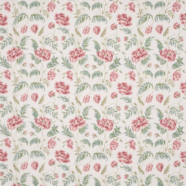Pink and green floral linen fabric with trailing blossoms on a pale ground